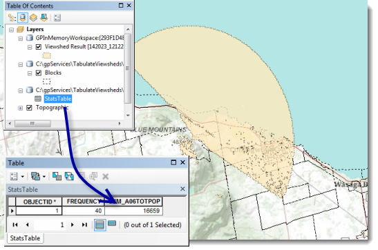 The resulting viewshed from Esri SampleServer1 with the calculated population The resulting viewshed from Esri SampleServer1 with the calculated population