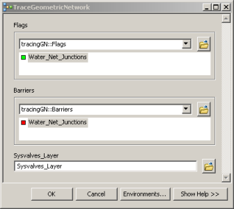 TraceGeometricNetwork tool dialog box TraceGeometricNetwork tool dialog box